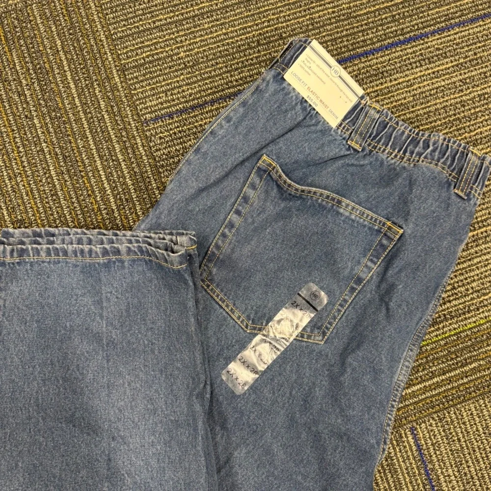 HB Harbor Bay Mens 2XL Elastic Waist Denim Blue Crop Pants Jeans